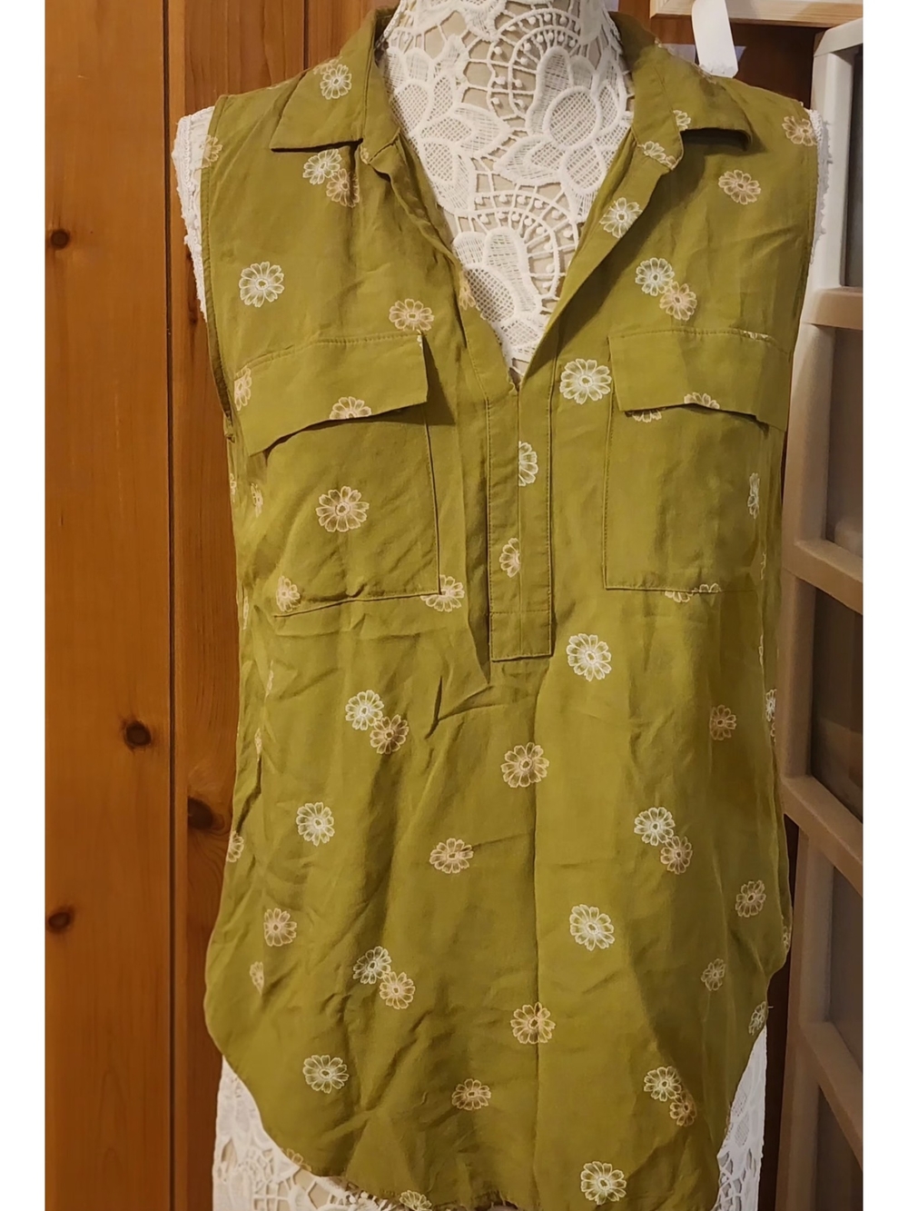 Olive Green Daisy Sleeveless Utility Henley Blouse